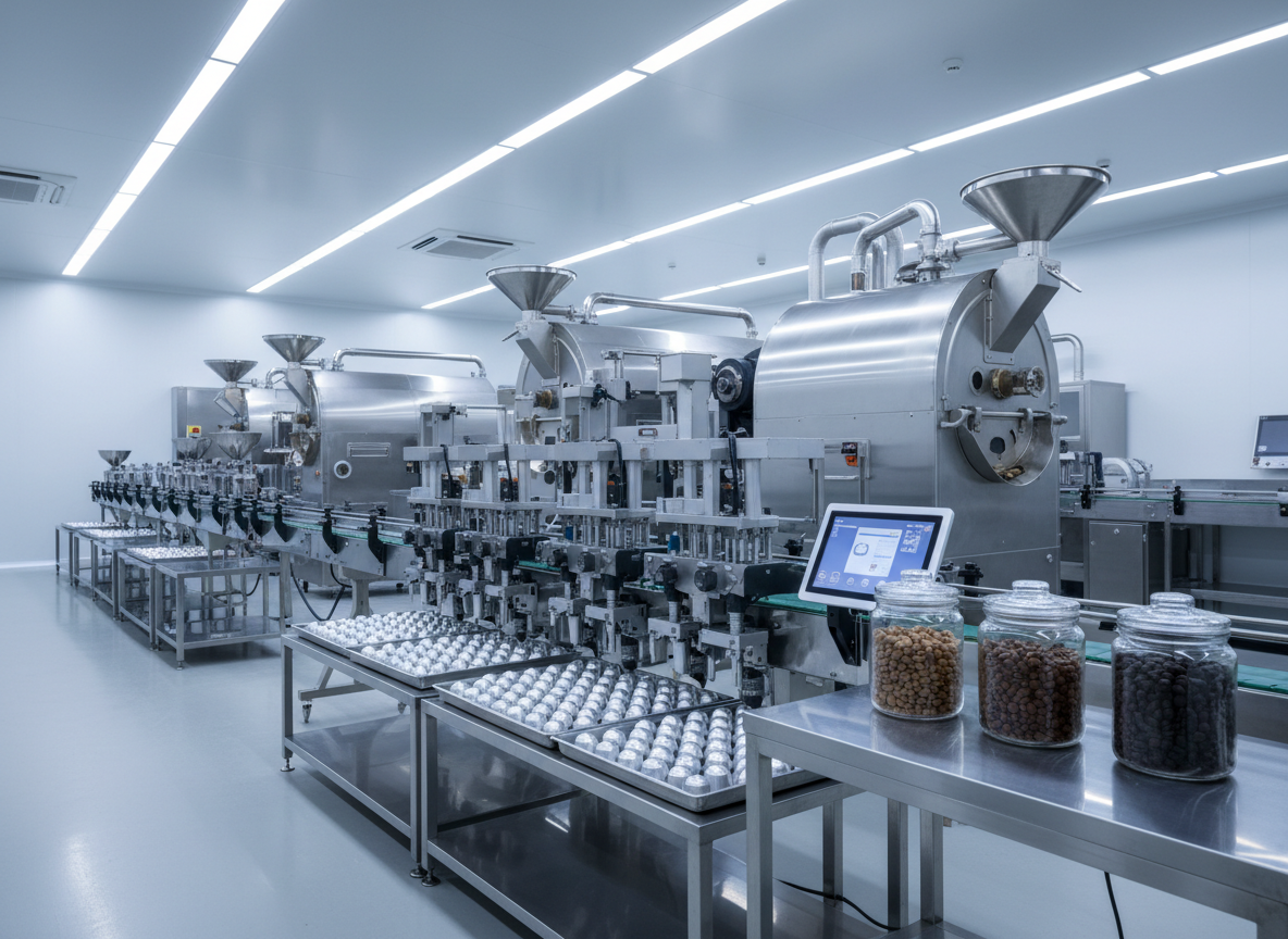 An industrial-grade coffee roasting and capsule-filling line inside a spotless modern facility, captured in photographic realism. Stainless steel roasting drums, conveyer belts, and precision filling heads are arranged in a logical flow, with open trays of shining aluminum capsules waiting to be filled. On a side table, transparent sample jars hold different roast levels from light to dark, and a tablet-like control panel glows softly. Bright, even overhead LED lighting creates a clinical, high-tech feel, with subtle reflections on the machinery. Shot from a wide-angle perspective with strong depth of field, the composition emphasizes efficiency, in-house研发, and rigorous manufacturing standards, while maintaining an organized, uncluttered look.